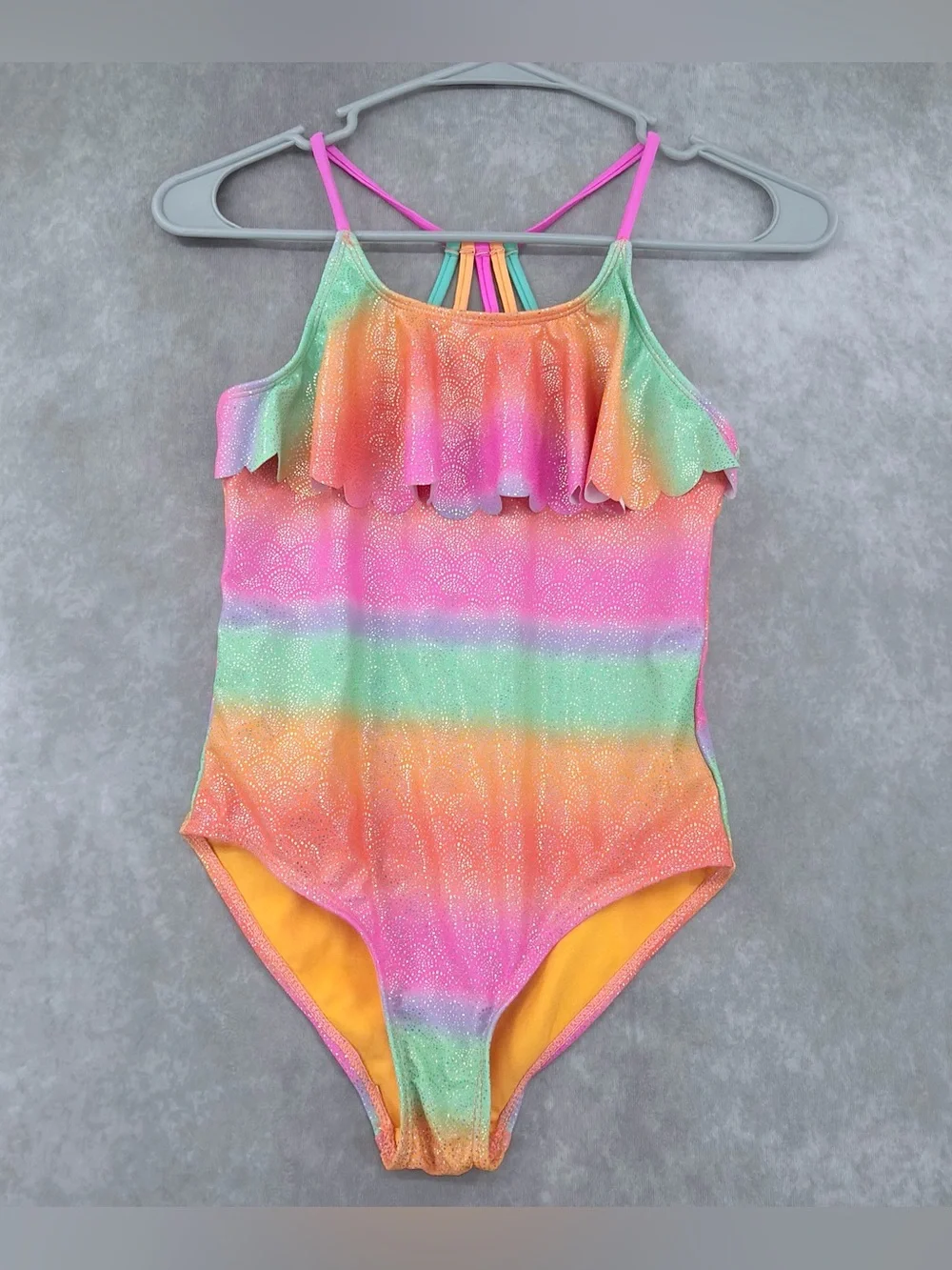 Limited Too Girls M 10-12 Rainbow Ruffle One-Piece Swimsuit -Pink, Orange, Green